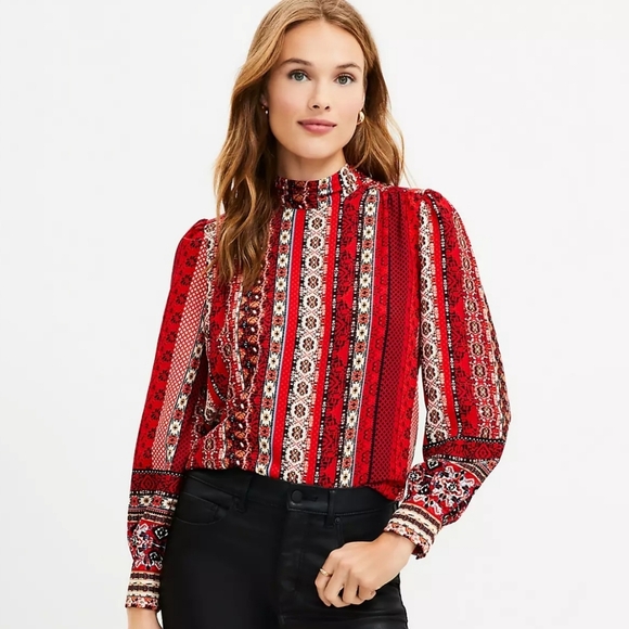 LOFT Red Striped Tie-Back Blouse Top Women's Size Large - Picture 1 of 3